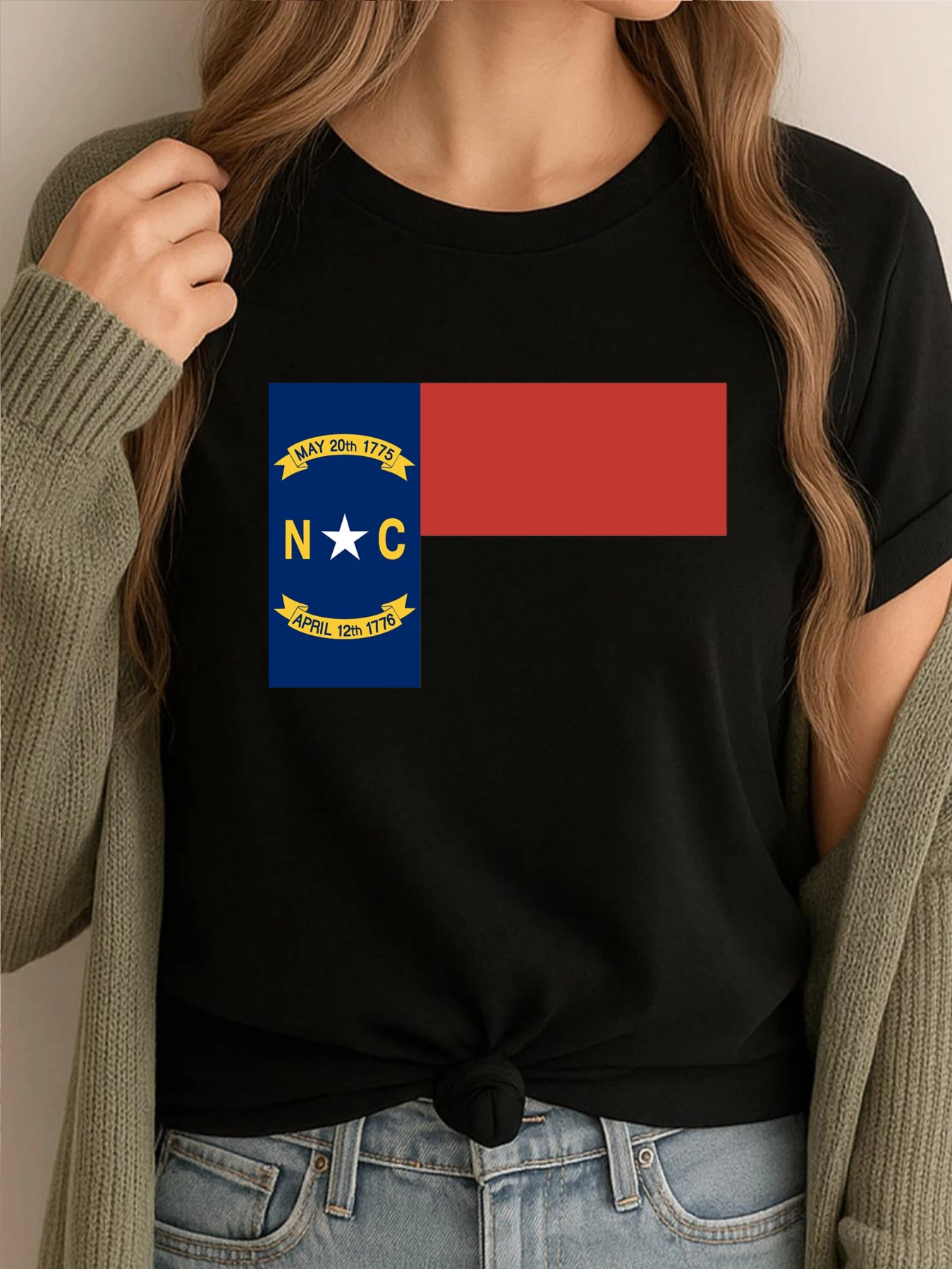 

North Carolina State Flag Graphic Tee Cotton Comfortable Tshirt Luxury Designer Women Streetwear Printed Clothes