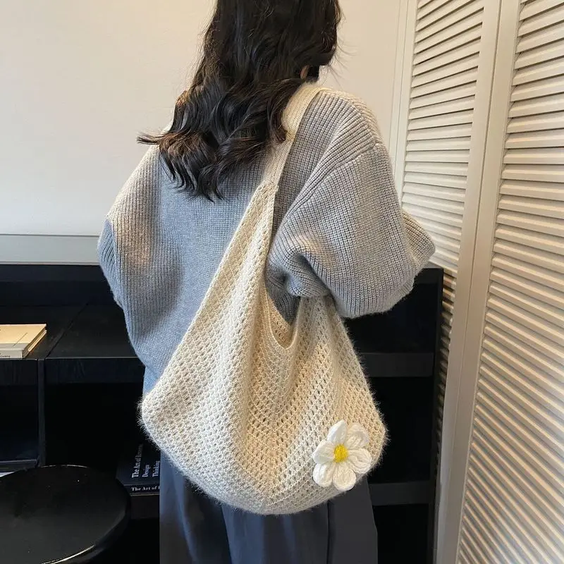 Women'S Daisy Crochet Shoulder Bag Soft Knit Mesh Hobo Tote Summer Beach Travel Daily Handbag