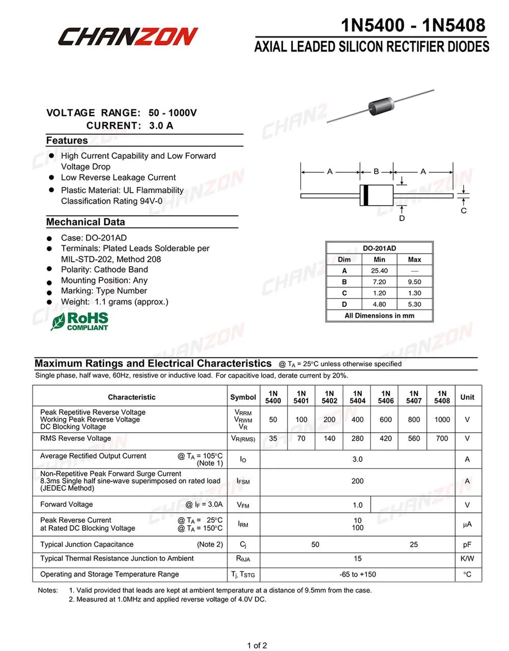 50 pz 1N5400 1N5401 1N5402 1N5404 1N5406 1N5408 Diodo raddrizzatore 3A 50 V 100 V 200 V 400 V 600 V 1000 V DO-201AD DO-27 Axial 3 Amp