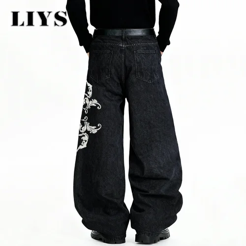 Imagen 2 del producto American Retro Street-pantalones vaqueros holgados de pierna ancha para hombre, alas de Ángel, botón bordado, Hip-Hop, abalorio de Bad Boy, pantalones vaqueros sueltos, ropa