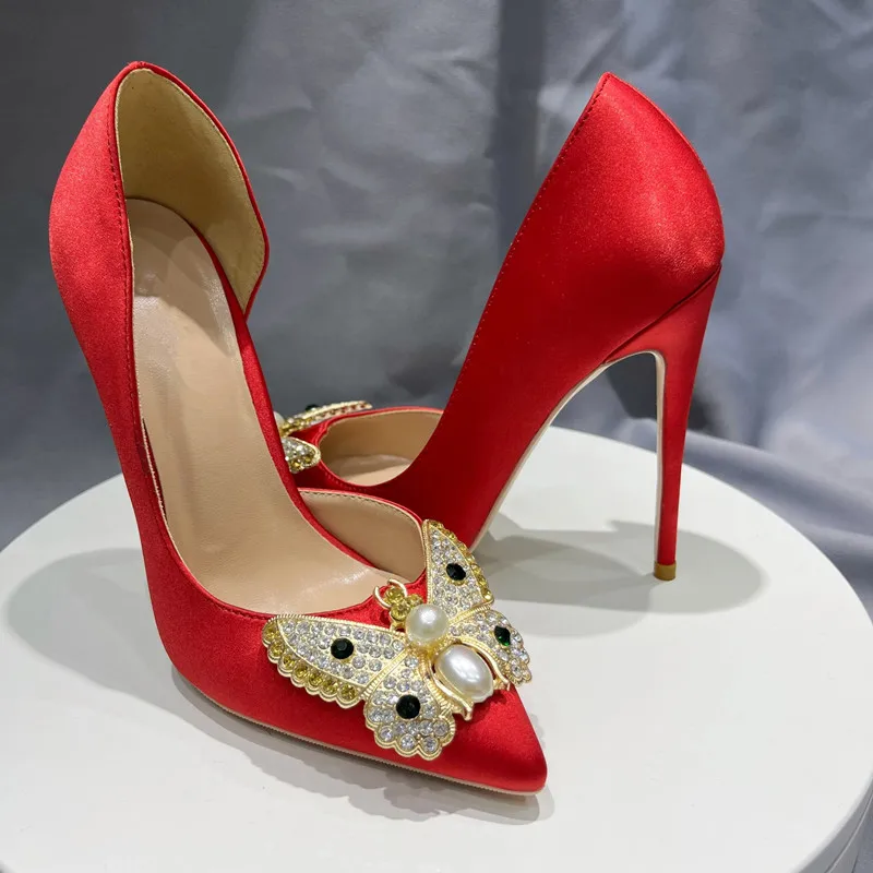 

Heelgoo блестящий декор в виде бабочки, женский красный атласный туфли-лодочки на высоком каблуке с острым носком, женские свадебные сексуальные туфли-лодочки с открытой стороной на шпильке