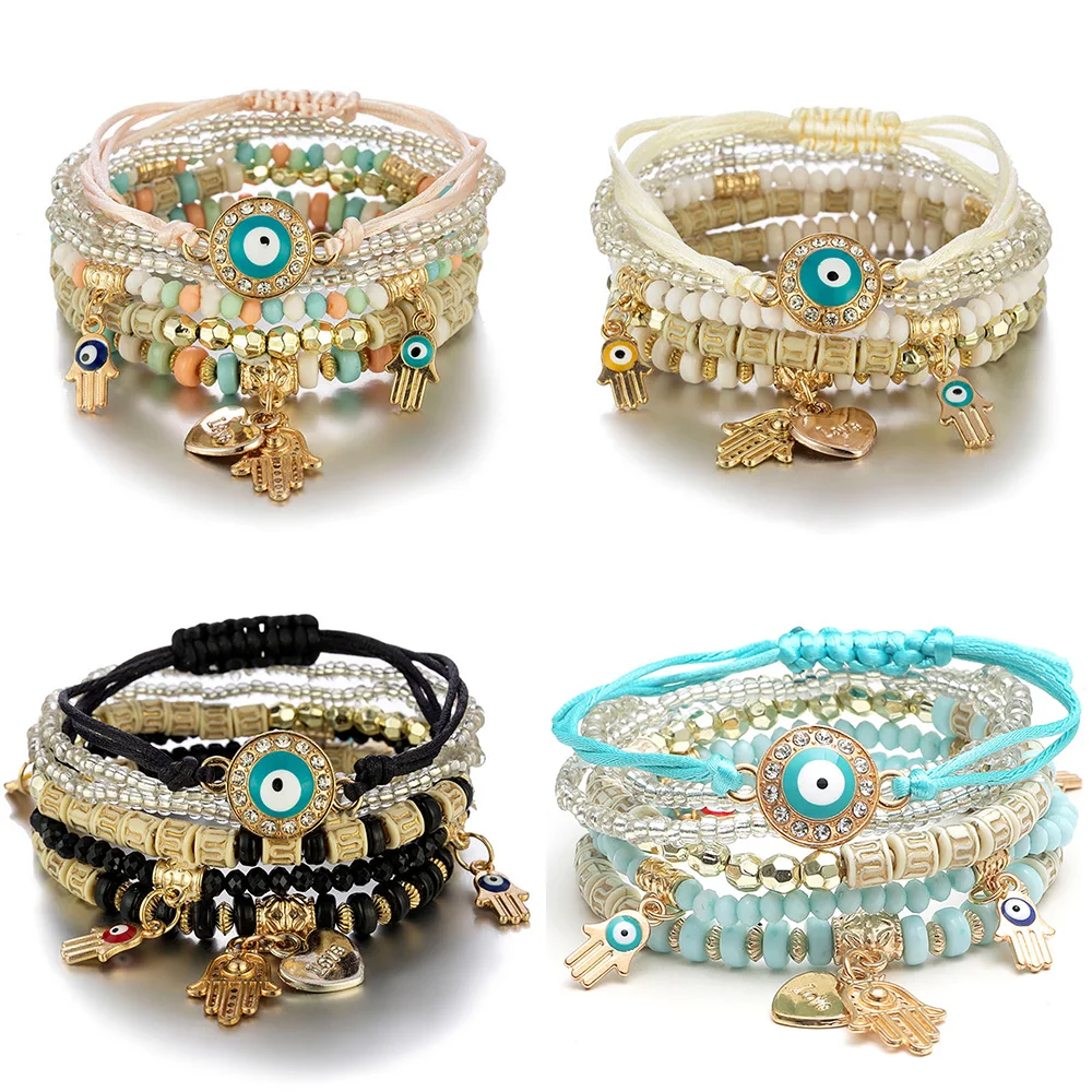 Czeski ręcznie robiony zestaw bransoletek dla kobiet Fatima Hand Evil Eye Heart Charm Regulowana lina Łańcuch Bangle Mężczyźni Biżuteria do noszenia na co dzień