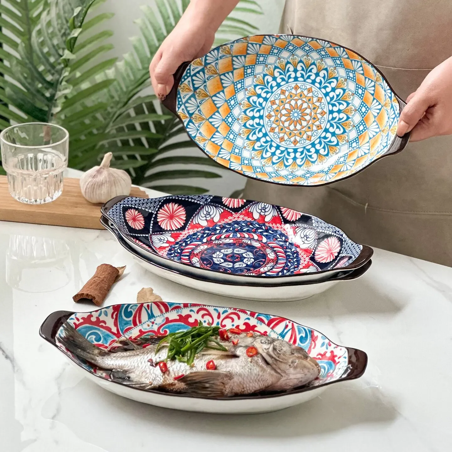 1-Piece 13-Inch Bohemian Double-Handle Ceramic Deep Plate-Ceramic Fish Steaming Plate-Perfect for Fish, Lobster & Seafood
