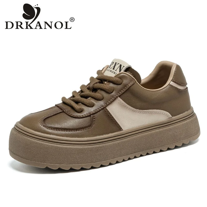 

DRKANOL Fashion Women Flat Platform Shoes Spring Autumn Lace-Up Genuine Leather Mixed Colors Casual Sneakers Ladies Board Shoes