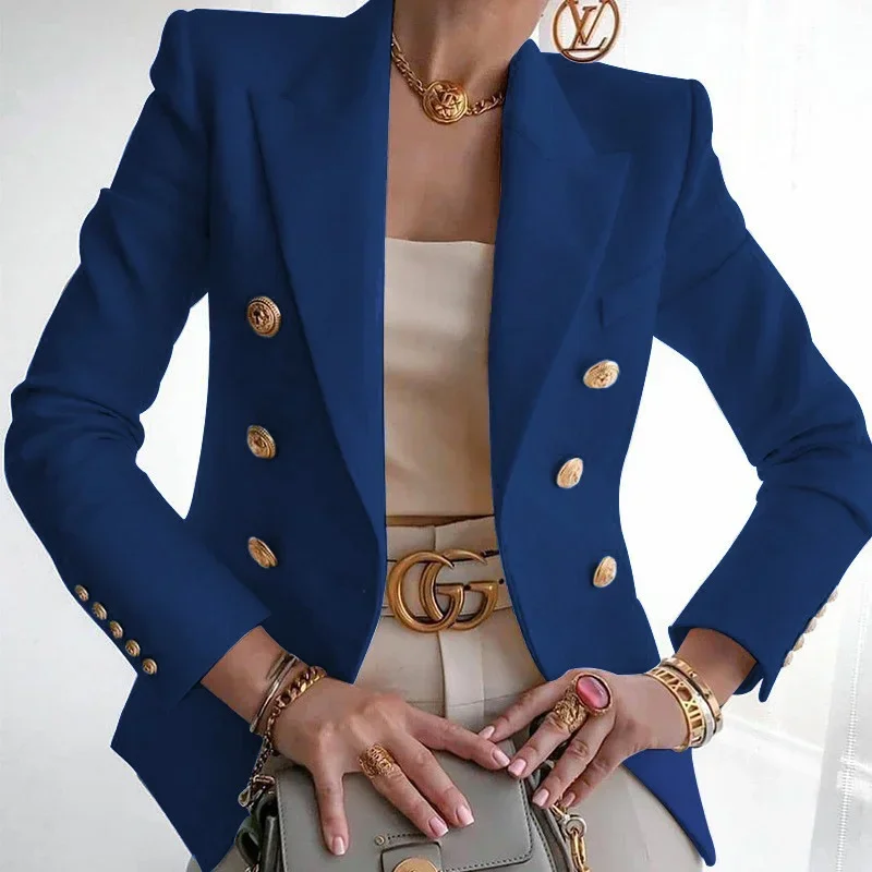 Autumn New Women's Small Suit Button Double-breasted Metal Button Long-sleeved Slim Elegant Temperament Short Suit Jacket Women