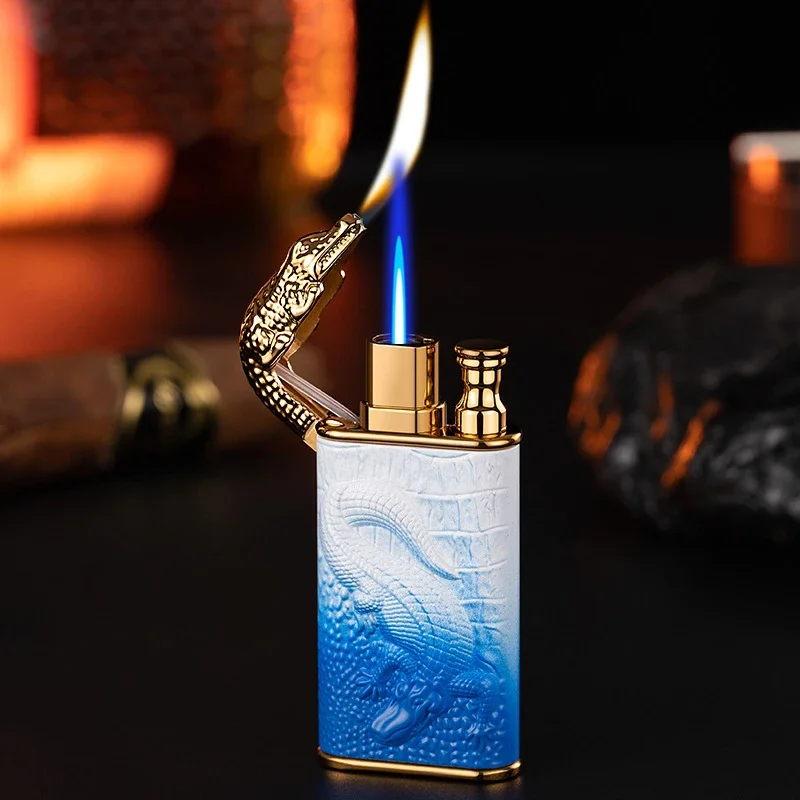 2023 Metal Crocodile Double Fire Lighter Windproof Gas Lighter Open Flame Lighter Men\'s Gadget Creative Gift