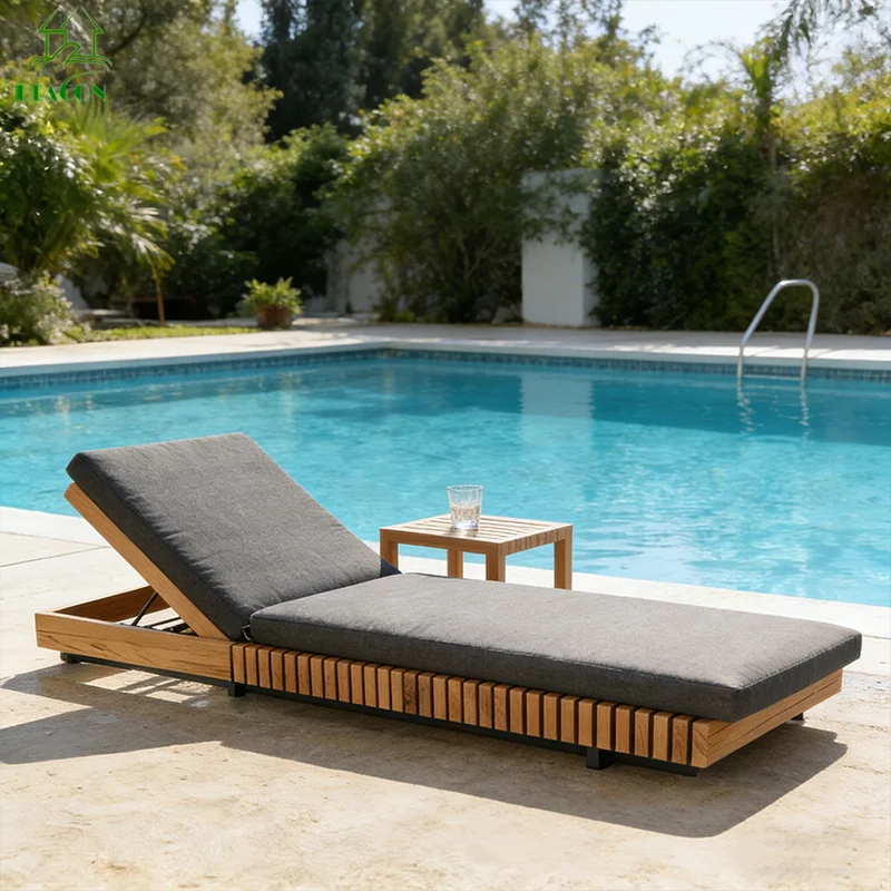 

High End Wooden Outdoor Chaise Lounge Hotel Pool Project Teak Wood Daybed Single Patio Sun Loungers With Cushion