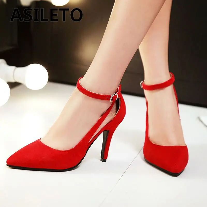 

ASILETO 2025 Sexy Women Sandals Pointed Toe Thin Heels 8cm Buckle Strap Flock Suede Plus Size 41 42 43 Wedding Female Shoes