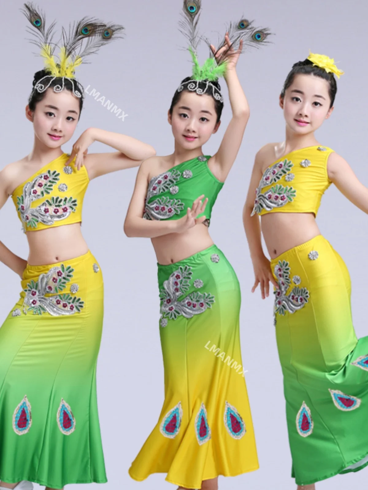 Children's Dai dance costume peacock dance performance costume elastic and comfortable sequined fishtail skirt