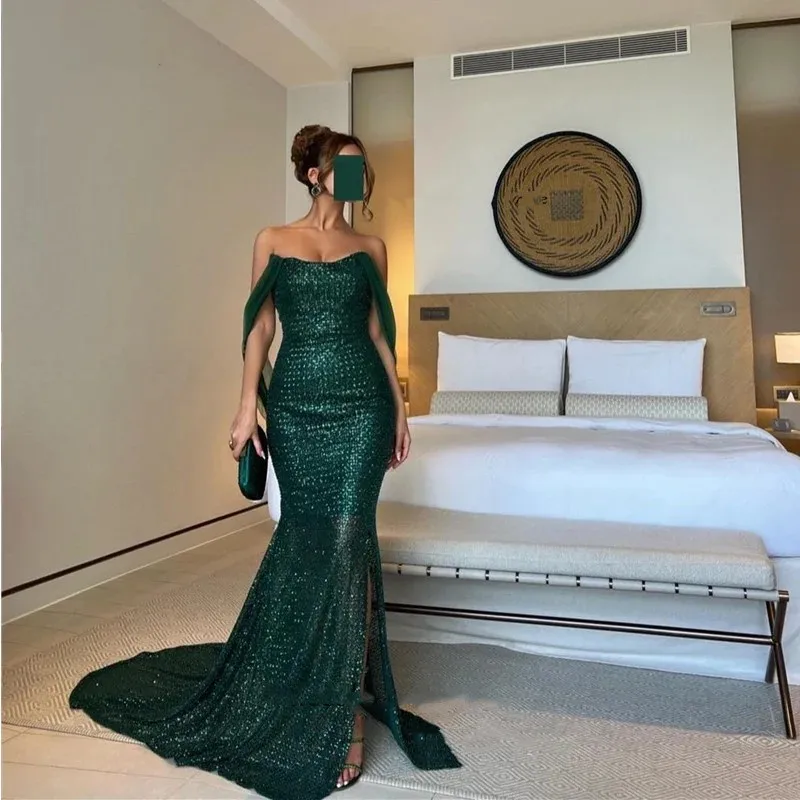 

Flora Dress Elegant Green Sequin Mermaid Saudi Arabic Evening Dresses Mermaid Off Shoulder Slit Formal Occasion Prom Gowns 2023