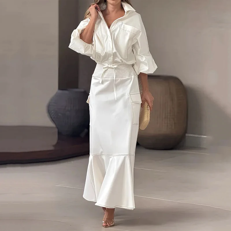 Wefads Two Pice Set Office Elegant Women Solid Lapel Lace Up Long Lantern Sleeve Cardigan Top A Line With Pockets Long Skirt Set