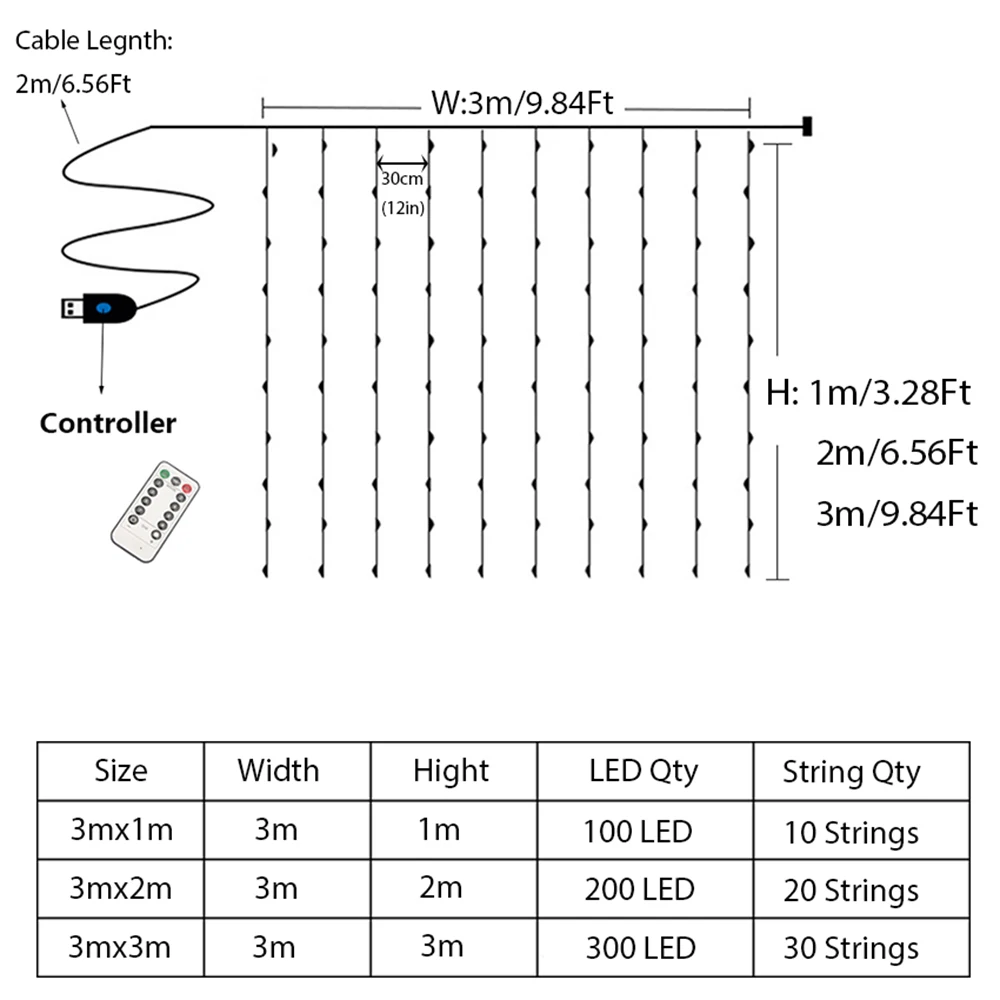 3M Led Usb/Batterij Gordijn String Fairy Lights Kerst Guirlande Remote Voor Nieuwe Jaar Party Garden Home Bruiloft Decoratie