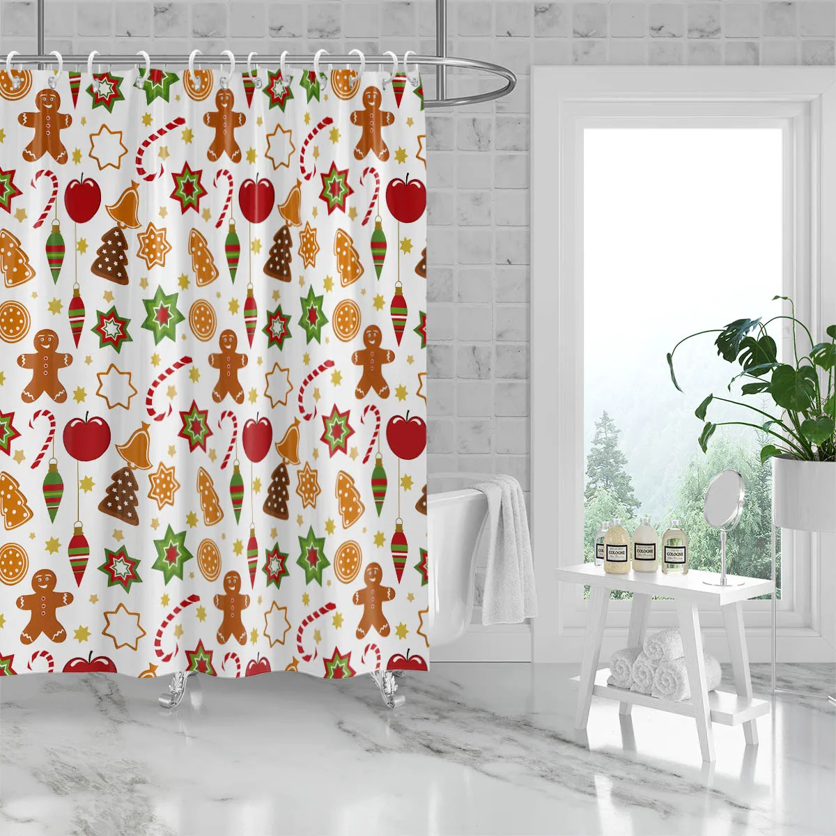 1 Piece 180x180cm Christmas Gingerbread Man Pattern Printed Shower Curtain Partition Bathroom Waterproof and Mildew Proof