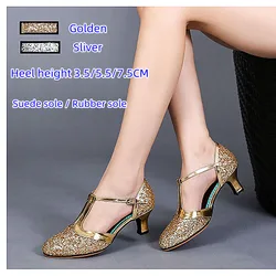 Zapatos de baile modernos con lentejuelas doradas y plateadas para mujer, zapatos de Tango con punta cerrada, tacones de baile de vals para interiores y exteriores, 3,5/5,5/7,5 CM, nuevos