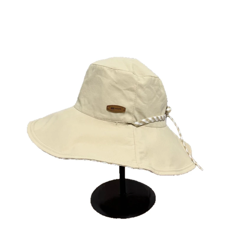 New Korean Checkered Lace Up Fisherman Hat for Women, Double-sided Wear, Summer Sun Shading and Protection