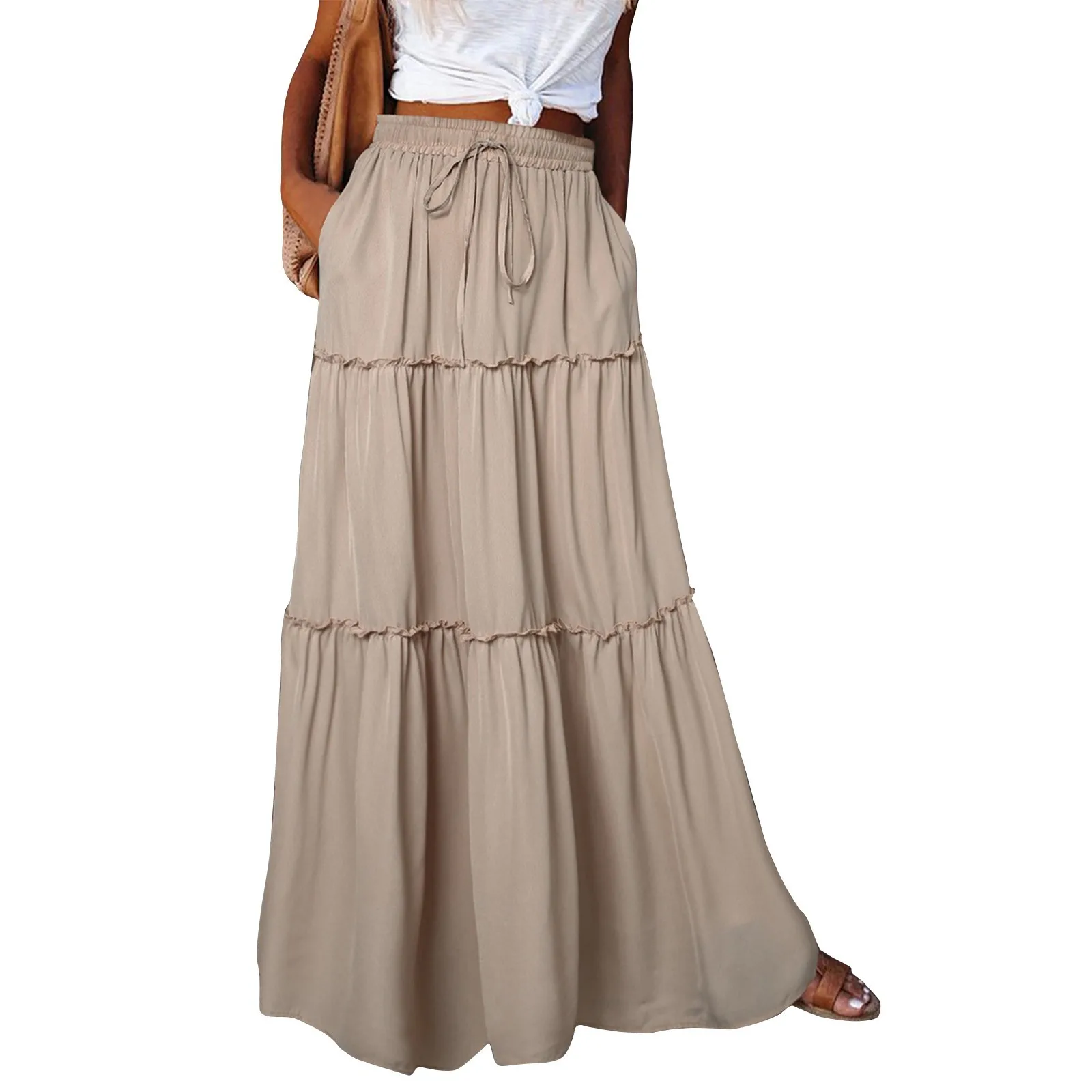 Female Bohemian Style Beach Large Swing Fashion Solid Color Elastic Waist Skirt Loose Casual High Waist Tie Long Pleated Skirt