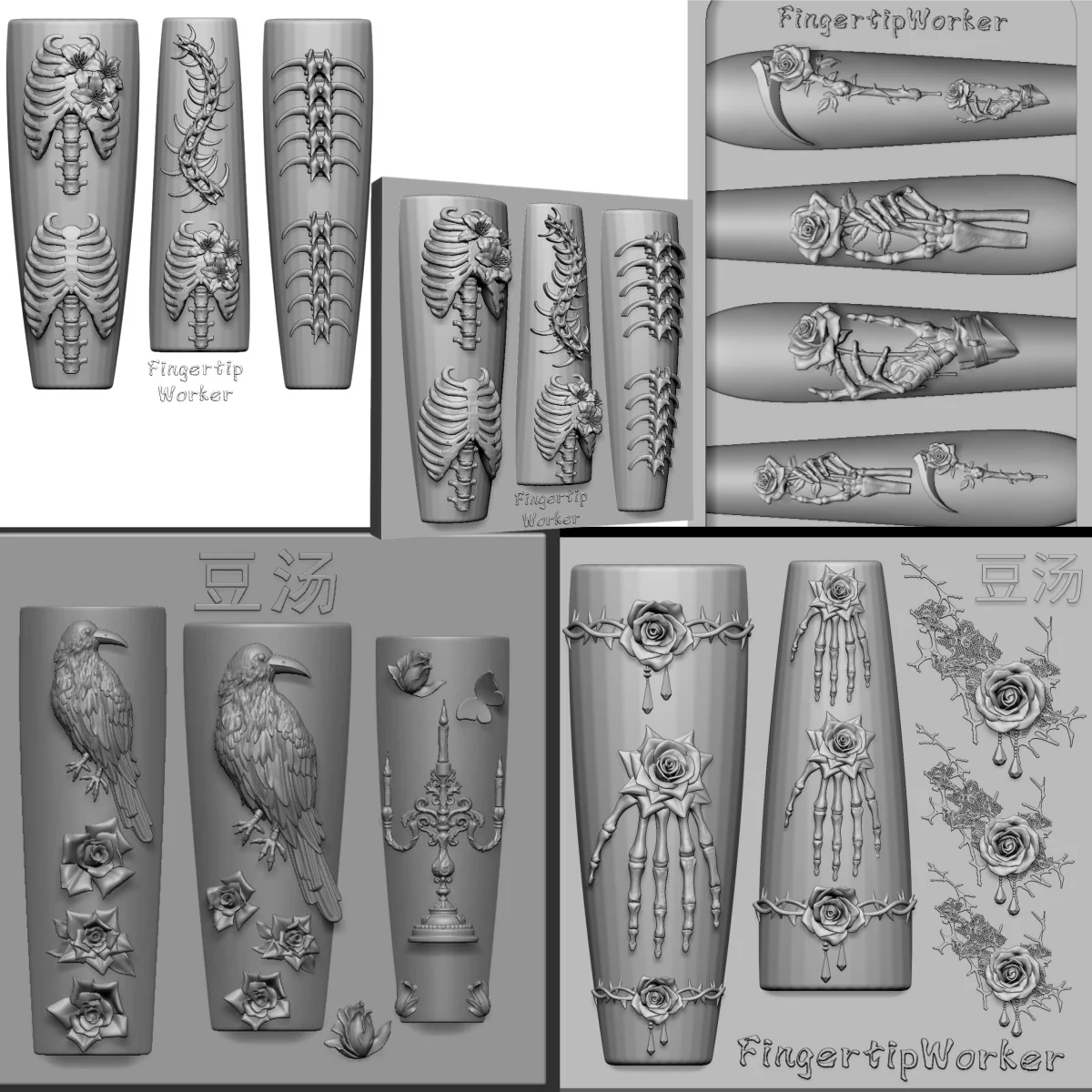 Dark style retro 3D spine bone rose skull hand sickle skull hand thorn lace baroque crow candlestick Silicone Nail Art Mold—Box