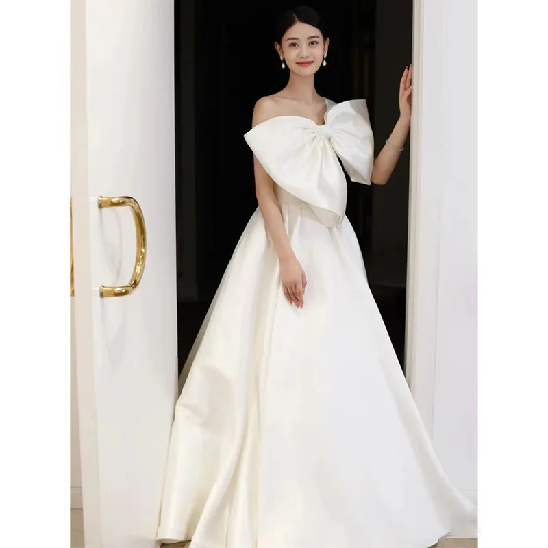 Wedding Party White Dresses For Women Fashion One-shoulder Bow Gauze Satin Suspender Long Skirt Banquet Gown Women's Prom Dress