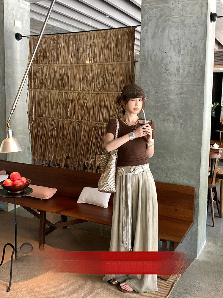 

Широкие повседневные брюки MLS для женщин, летние легкие драпированные брюки в пол, асимметричные, с высокой талией, прямого кроя