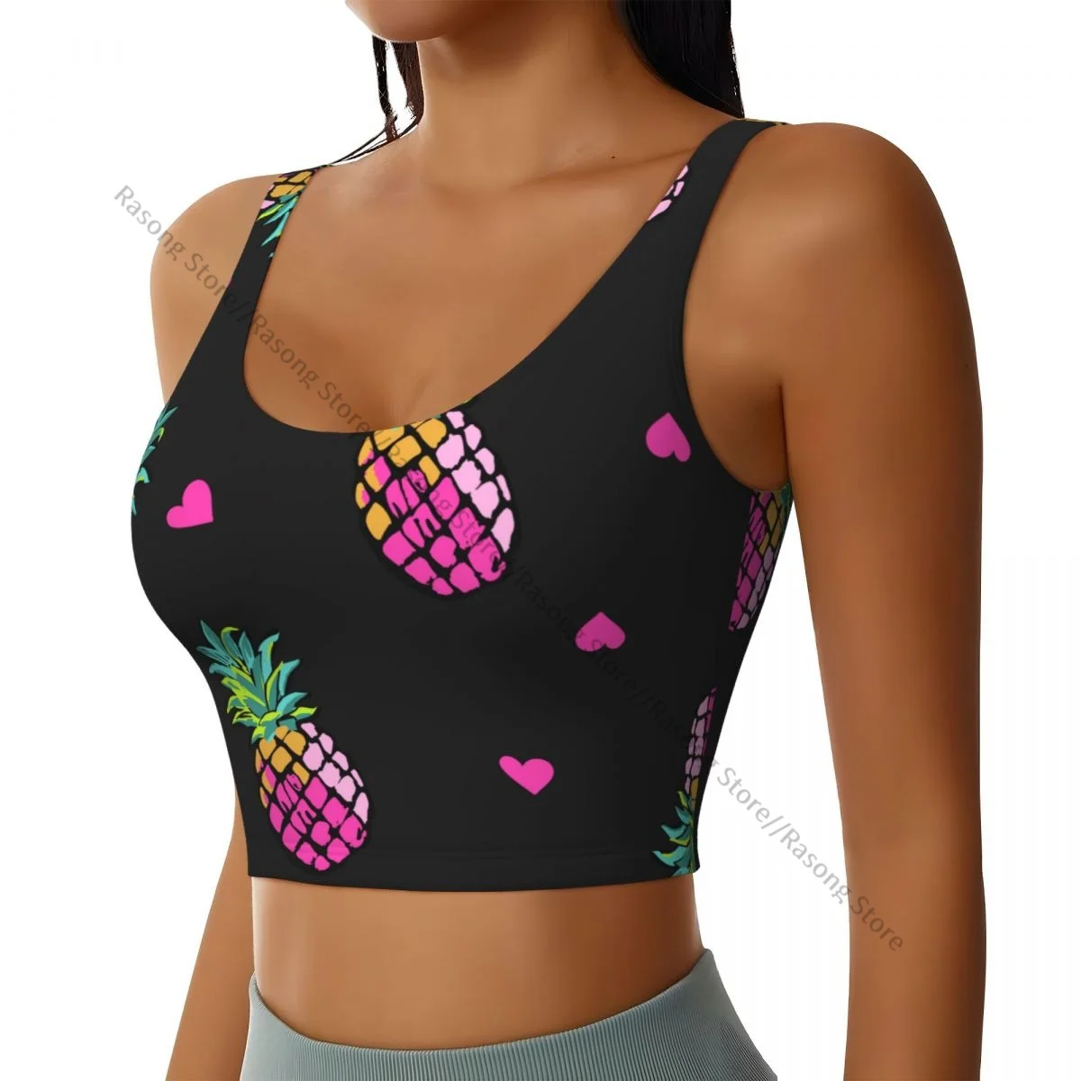 Yoga Vest Women Gym Sports Crop Tops Pink Hearts And Pineapples Streetwear Workout Breathable Tank Top Female