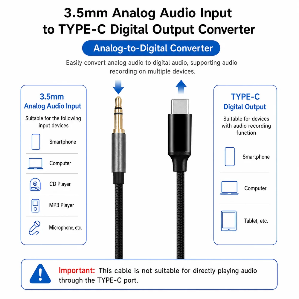 USB-C To 3.5mm ADC Audio Converter Cable Analog Digital Recording Adapter With Chip For Laptop Phone Stereo Capture