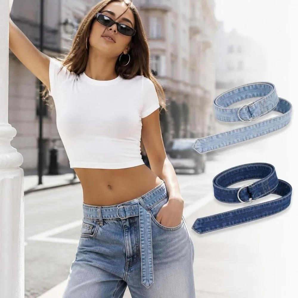 Fashion 4cm Wide Denim Waist Belt Double Ring Buckle Adjustable Decorative Strap Belt Vintage Washed Dress Belt