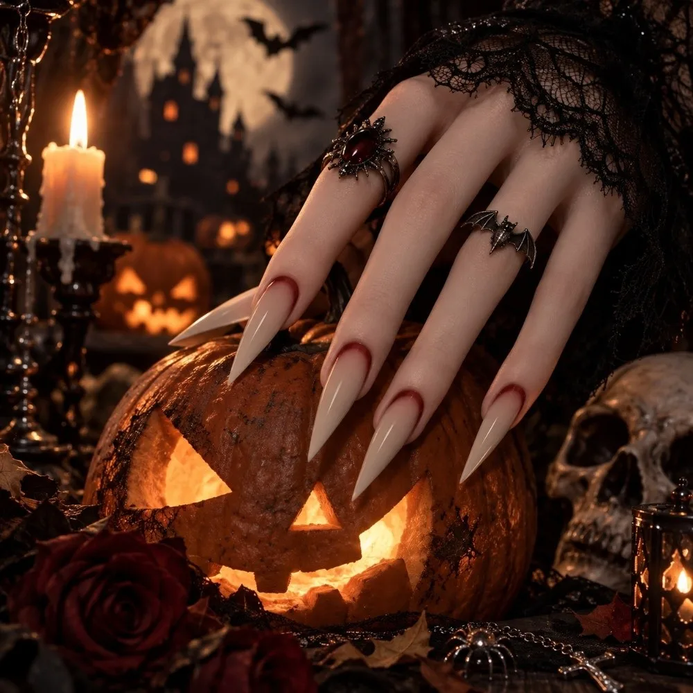 Durable Gothic Halloween False Nails Long Pointed Gradient Blood Stained Fake Nail Wearable Nail Tips Set Party