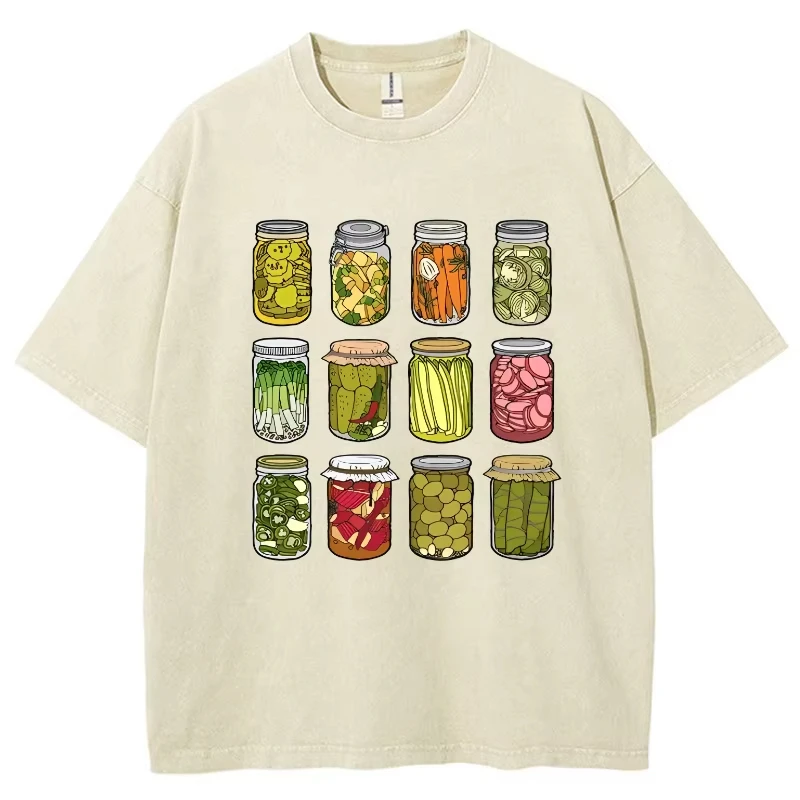 

Cartoon Canned Pickle Print Women's T-Shirt Washed Cotton Vintage Crew Neck Short Sleeve Casual Fashion Design Top Basic Tees