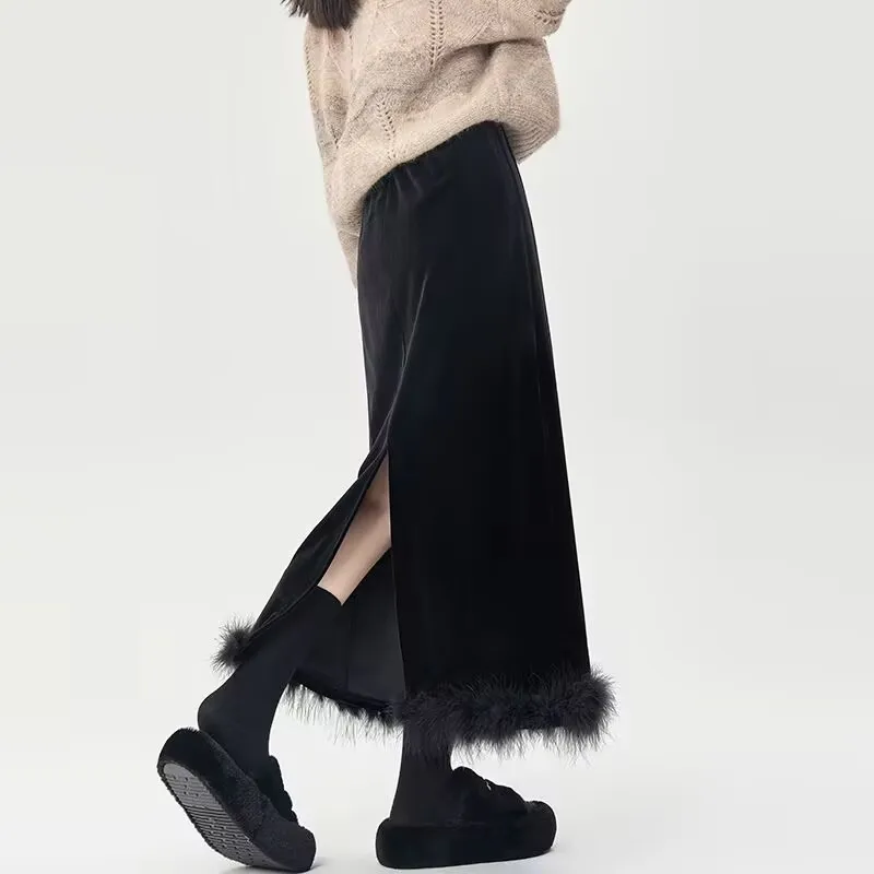 Mid-long Canary Velve Half-length Skirt Women High Waist One-step Fleece Skirt Autumn Winter Hip Skirt Open-forked Elegant Skirt