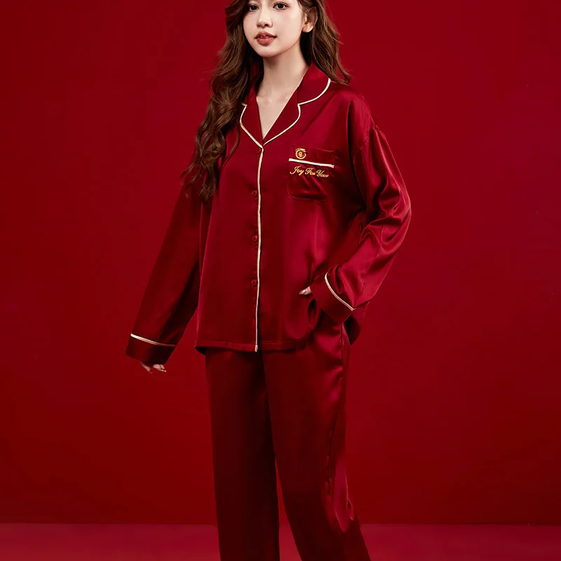 Spring Autumn Red Satin Female Male Couples Wedding Pajamas Sets Fashion Women Men Lovely Ice Silk Sleepwear