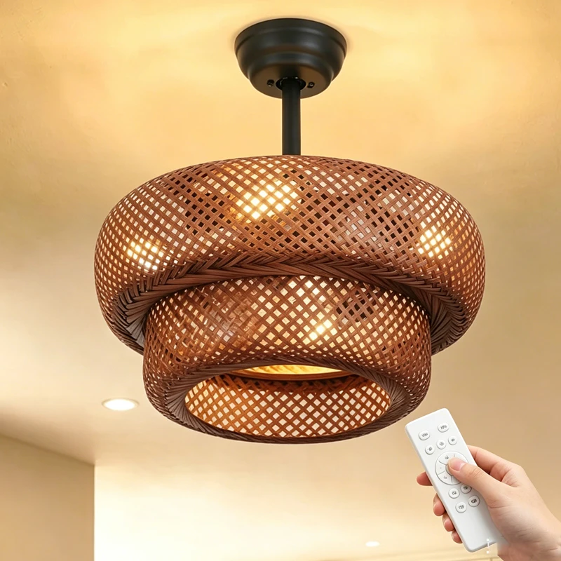 Boho Caged Fandelier Rattan Fan Light 4-Light Bamboo Ceiling Fan with Lights Enclosed 6 Speeds Low Profile Curry Ceiling Fan