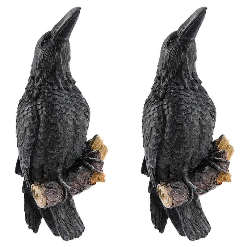 

2X Raven Statue Fake Raven Resin Statue Bird Crow Sculpture Outdoor Crows Halloween Decor Creative Eauves Decoration