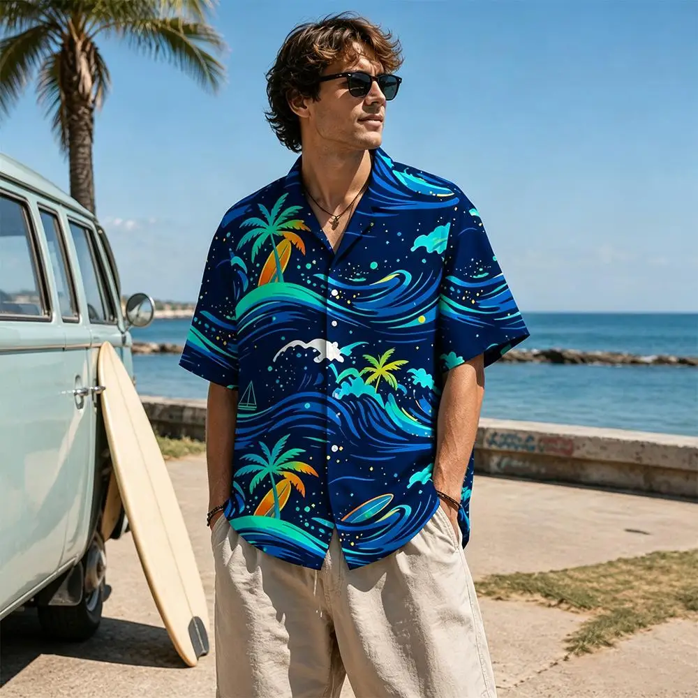 Men Loose Cotton Hawaiian Shirt Palm Tree Surfboard Ocean Wave Print Button Down Top Summer Beach Casual Vacation Apparel