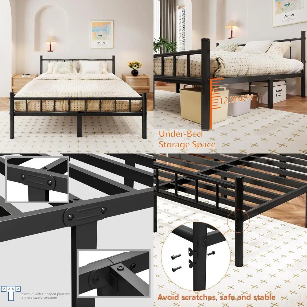 

14 Metal Queen Bed Frame with Headboard, Footboard, and Slat Support - No Box Spring Needed, Underbed Storage