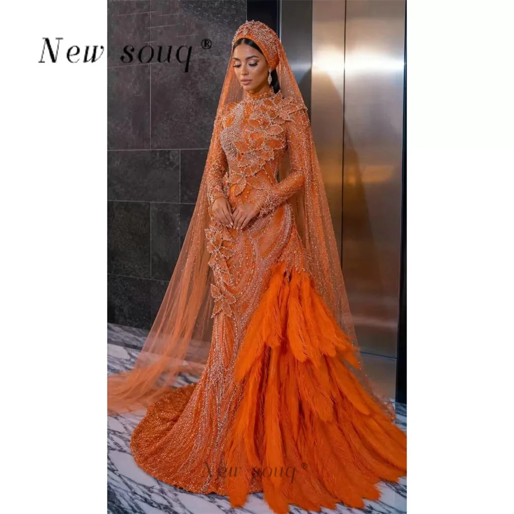 Dubai Luxurious Orange Feathers Crystals 3D Floral Wedding Evening Dresses Customized Muslim Long Sleeves Prom Gala Party Gowns