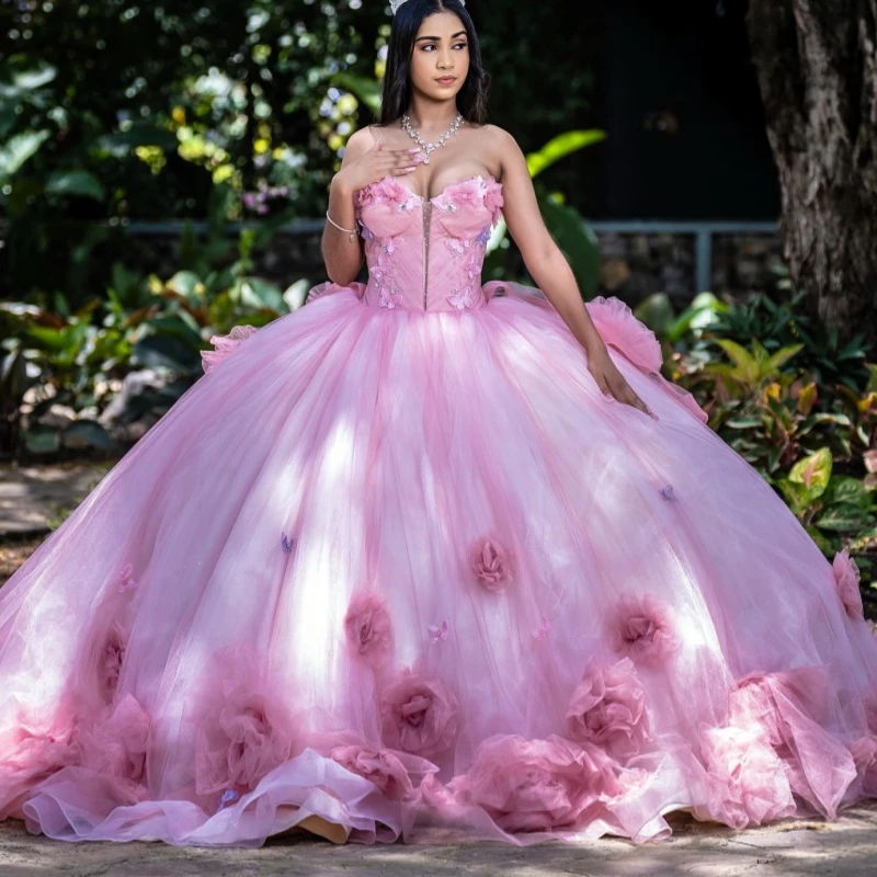 

Светло-розовые блестящие платья Quinceanera с открытыми плечами, цветочным бантом и бисером, тюлевое платье с кристаллами для вечеринки, дня рождения, сладкое платье 16, Vestidos 15