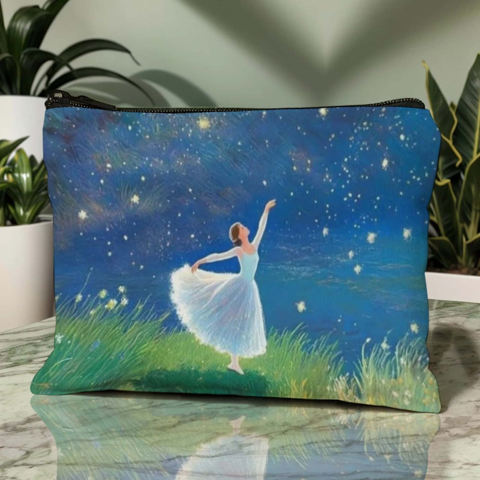 Romantic Dance Art Cosmetic Pouch Satin Bag with Starry Night Ballet Design for Date Nights Theater Outings Ideal Memory Gift