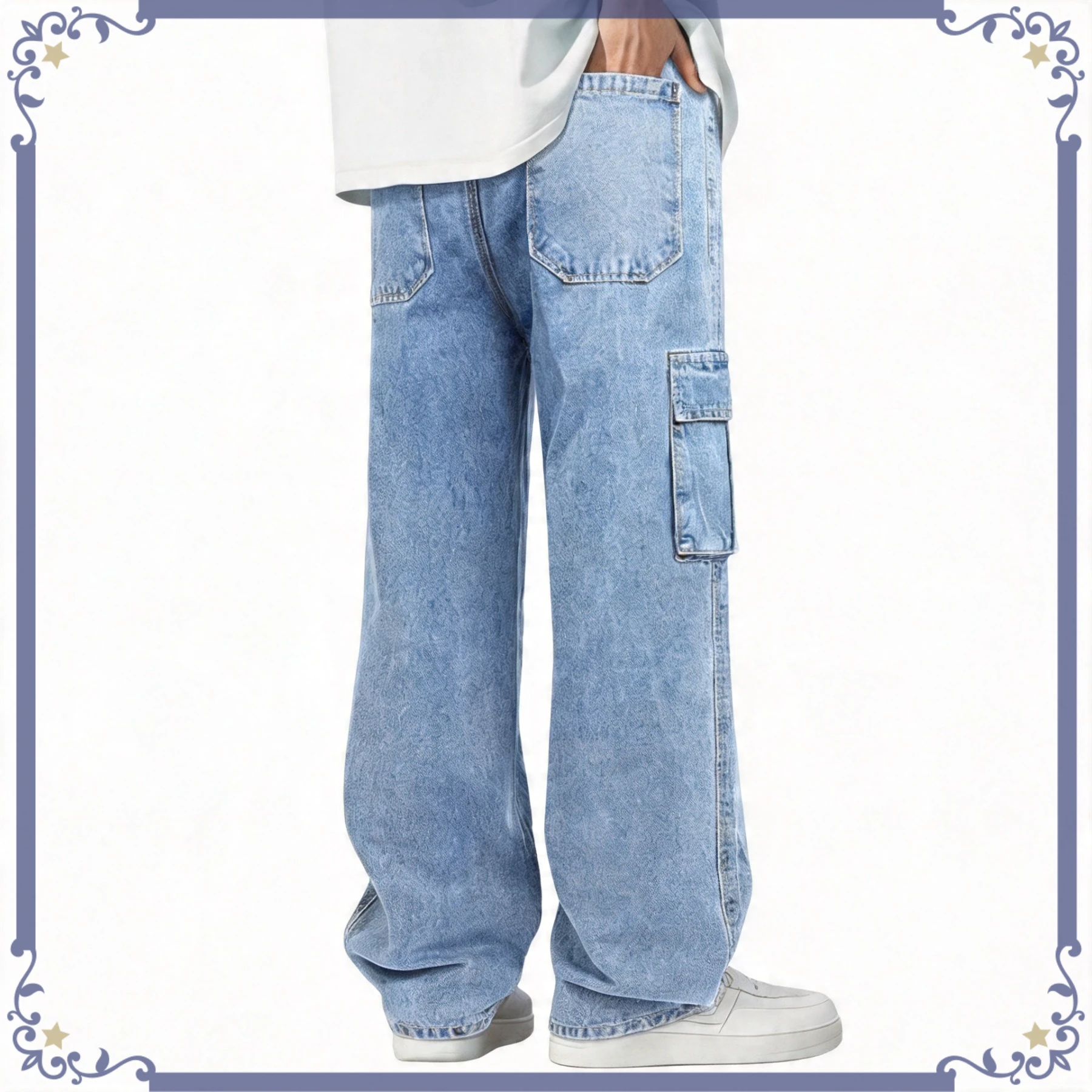 

FY10214 Mens Blue Cargo Jeans Loose Fit Multi Pocket Design All Season Wear