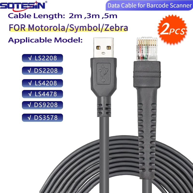 SOTESIN 2pcs CBA-U01-S06ZAR 3m Cable para lector de código de barras Zebra Motorola Symbol DS2208/LS2208/DS4208/DS2278 USB a RJ45