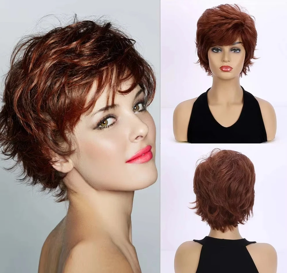 

Synthetic Short Pixie Cut Dark Brown Straight Wigs With Bangs Wigs for Women Daily Wear Heat Resistant