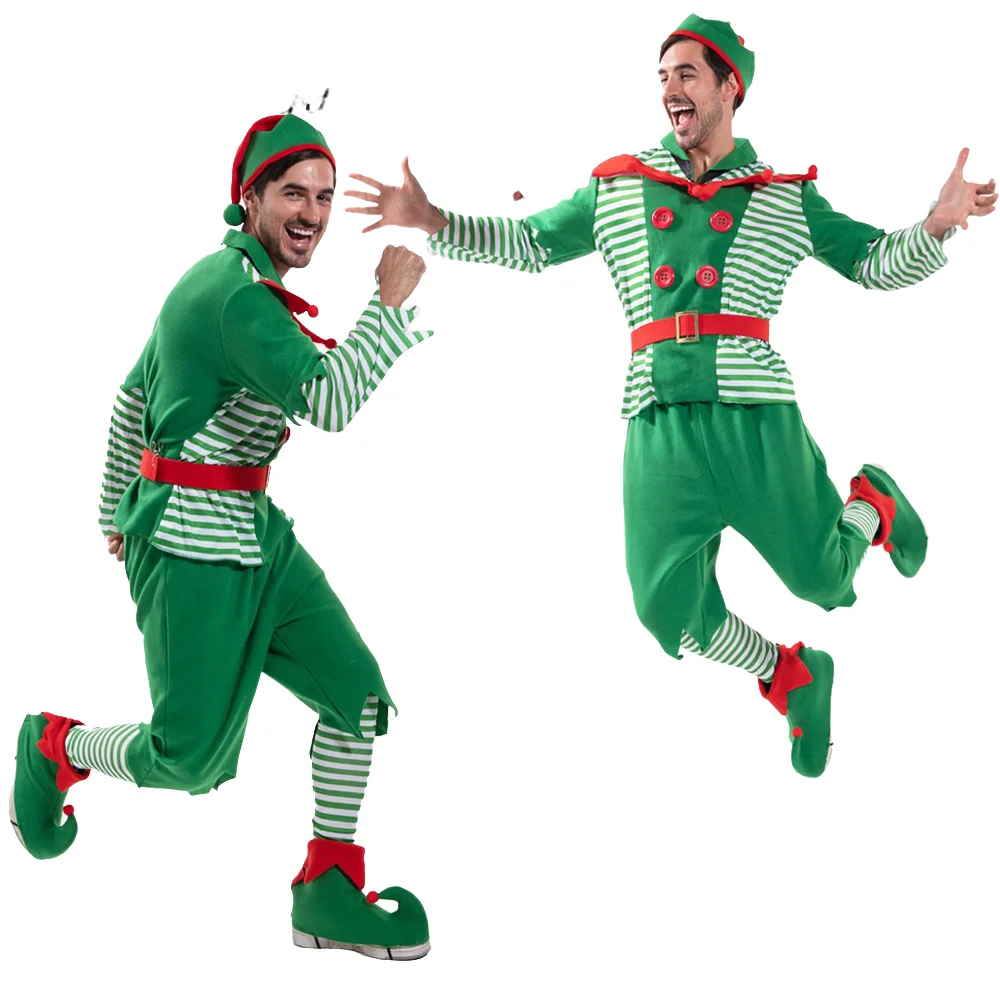 Trajes de elfo de natal festa de natal adulto masculino elfo verde cosplay traje ano novo fantasia vestido conjunto de roupas para homem