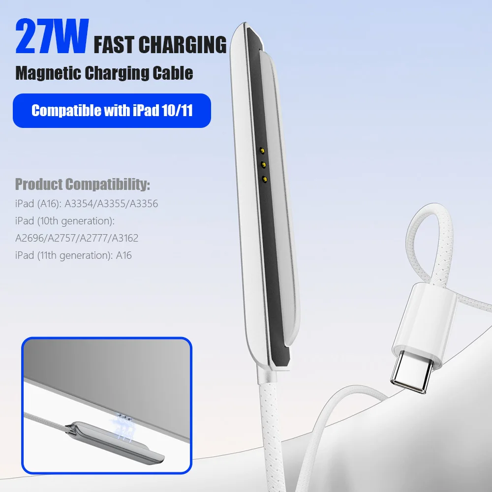 27W Type-C Magnetic Fast Charging Cable Portable Braided USB-C Magnetic Side-Charging Cable For iPad 10th/11th A16 2M