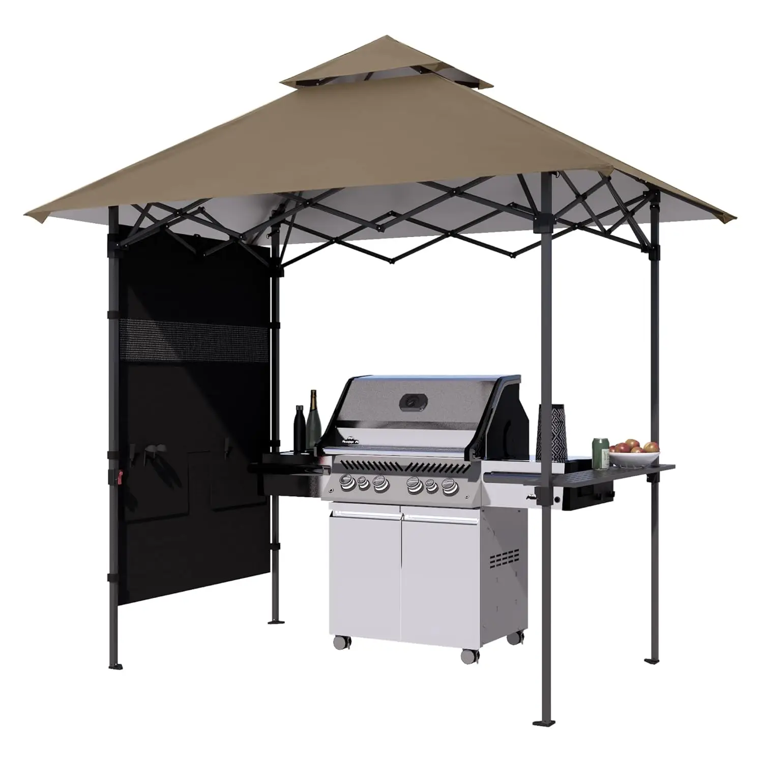 8x5 Pop Up Grill Gazebo Outdoor BBQ Canopy with Shelf & Sidewall Portable Shelter with 2 LED Lights Carry Bag, Custom