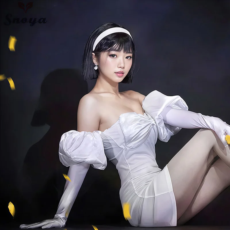 Snoya Sua Cosplay Clothing synthetic Wig Anime alien stage cosplay Costume Short black hair and White dress for women view 2