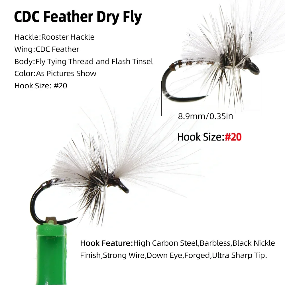 5 Stück/6 Stück # 20 Hahnentritt-Feder Mayfly Haken ohne Widerhaken CDC Feder Trockenfliege Künstlicher Insektenköder Forellen- und Fischgrälfischerköder – Detail 4