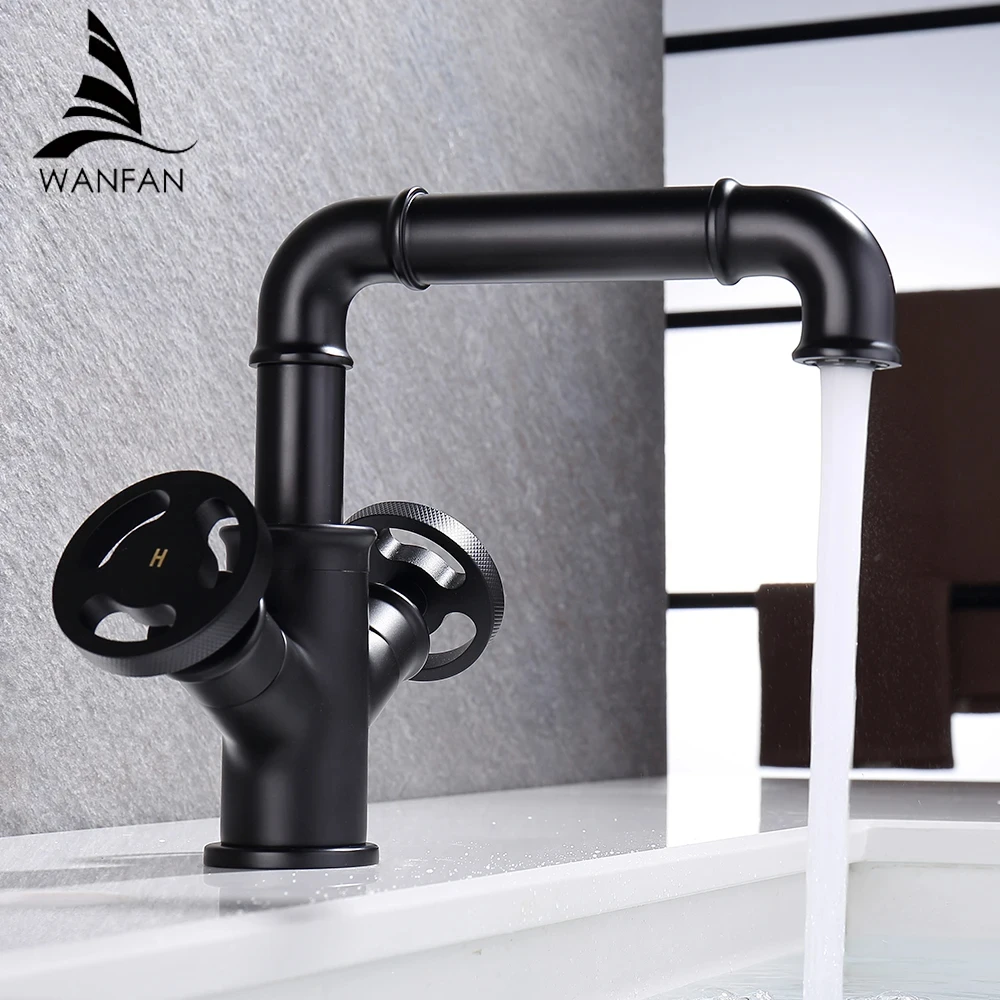

Black Basin Faucets Black Brass Bathroom Faucets Industrial Style Sindle Hole Dual Handle Contemporary Water Mixer Tap WF-20A05