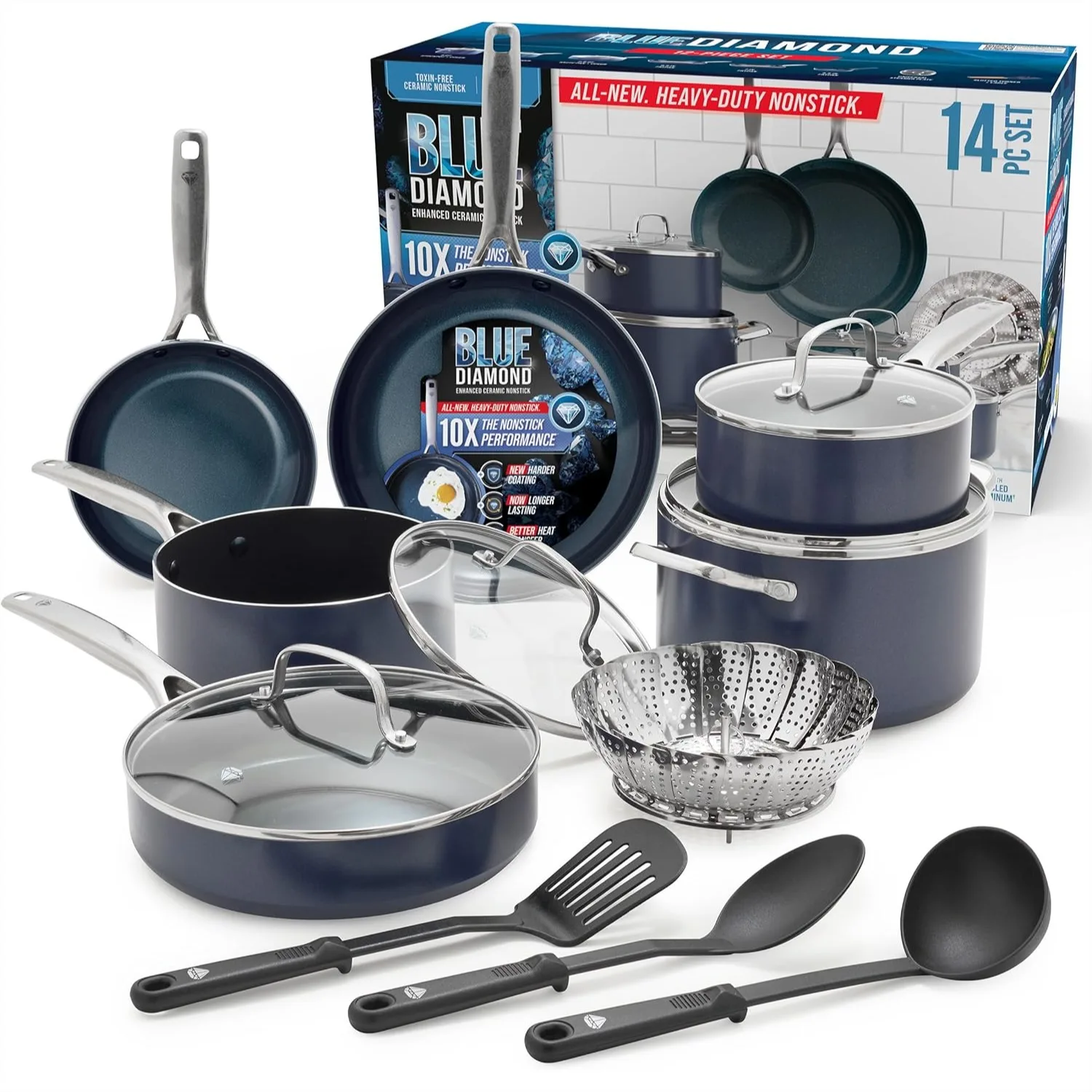 14 Piece Cookware Set, Diamond Infused Ceramic Nonstick Pots and Pans, Metal Utensil Safe, Dishwasher & Oven Safe