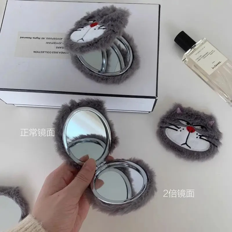 Creative Cute Cartoon Lucifer Cat Portable Plush Makeup Mirror Flip Cover Two Sided Makeup Mirror Round Mirror Christmas Present