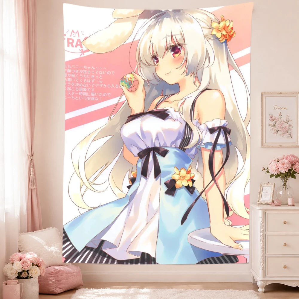 Cute Anime Girl Tapestry Wall Hanging Silver Hair Bunny Ears Blue White Dress Manga Art Bedroom Dorm Home Decor Fans Gifts