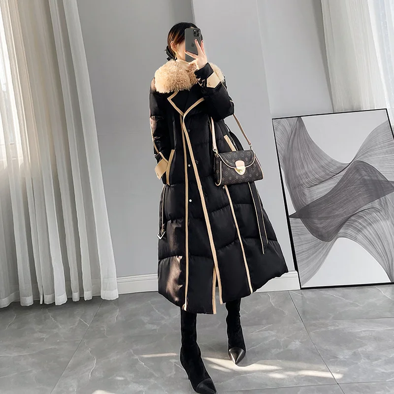 Parkas High-End Thicken Long Women Black Patchwork Lamb Hair 90% White Duck Down Coat Silver Winter Warm Ladies Outwear New